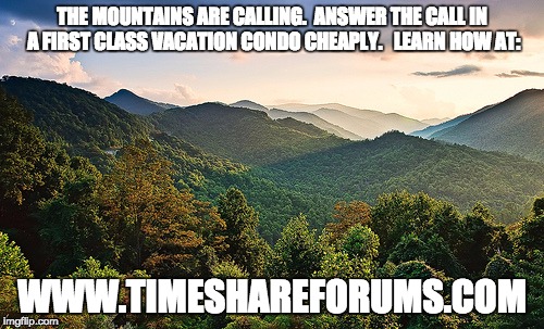 Mountains | THE MOUNTAINS ARE CALLING.  ANSWER THE CALL IN A FIRST CLASS VACATION CONDO CHEAPLY.  
LEARN HOW AT:; WWW.TIMESHAREFORUMS.COM | image tagged in mountains | made w/ Imgflip meme maker