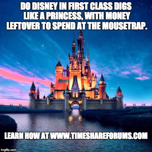 Disney | DO DISNEY IN FIRST CLASS DIGS LIKE A PRINCESS, WITH MONEY LEFTOVER TO SPEND AT THE MOUSETRAP. LEARN HOW AT WWW.TIMESHAREFORUMS.COM | image tagged in disney | made w/ Imgflip meme maker