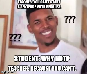 Nick Young Confused | TEACHER: YOU CAN'T START A SENTENCE WITH BECAUSE. STUDENT: WHY NOT? TEACHER: BECAUSE YOU CAN'T. | image tagged in nick young confused,teacher,student,school,memes | made w/ Imgflip meme maker