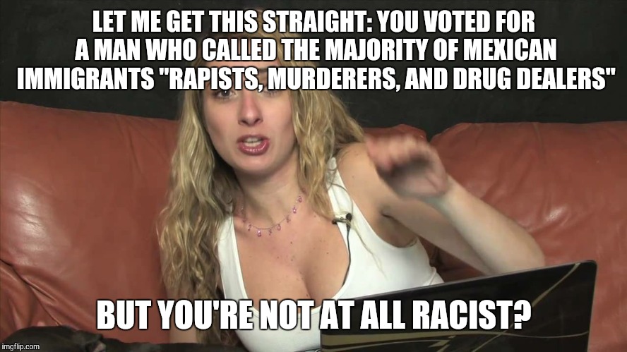 Lauren Francesca | LET ME GET THIS STRAIGHT: YOU VOTED FOR A MAN WHO CALLED THE MAJORITY OF MEXICAN IMMIGRANTS "RAPISTS, MURDERERS, AND DRUG DEALERS"; BUT YOU'RE NOT AT ALL RACIST? | image tagged in lauren francesca | made w/ Imgflip meme maker