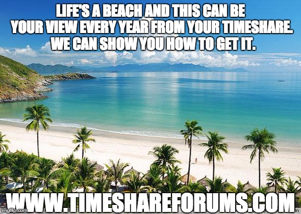 beach | LIFE'S A BEACH AND THIS CAN BE YOUR VIEW EVERY YEAR FROM YOUR TIMESHARE.  WE CAN SHOW YOU HOW TO GET IT. WWW.TIMESHAREFORUMS.COM | image tagged in beach | made w/ Imgflip meme maker