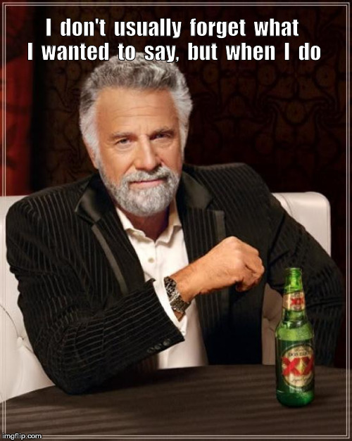 Most Interesting Man forgot | I  don't  usually  forget  what  I  wanted  to  say,  but  when  I  do | image tagged in memes,the most interesting man in the world,forgetful | made w/ Imgflip meme maker