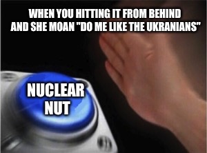 Blank Nut Button Meme | WHEN YOU HITTING IT FROM BEHIND AND SHE MOAN "DO ME LIKE THE UKRANIANS"; NUCLEAR NUT | image tagged in blank nut button | made w/ Imgflip meme maker