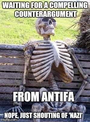 When you have nothing to bring to the table, all you have to offer society is violence | WAITING FOR A COMPELLING COUNTERARGUMENT; FROM ANTIFA; NOPE, JUST SHOUTING OF 'NAZI' | image tagged in memes,waiting skeleton,antifa,libtards | made w/ Imgflip meme maker