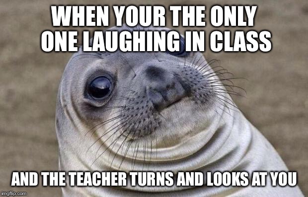Awkward Moment Sealion | WHEN YOUR THE ONLY ONE LAUGHING IN CLASS; AND THE TEACHER TURNS AND LOOKS AT YOU | image tagged in memes,awkward moment sealion | made w/ Imgflip meme maker