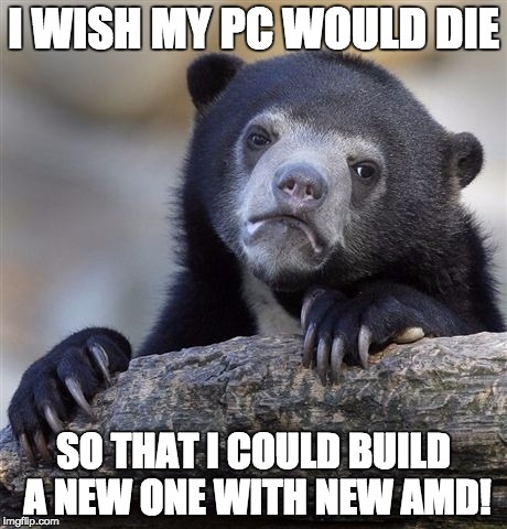 Confession Bear Meme | I WISH MY PC WOULD DIE; SO THAT I COULD BUILD A NEW ONE WITH NEW AMD! | image tagged in memes,confession bear | made w/ Imgflip meme maker