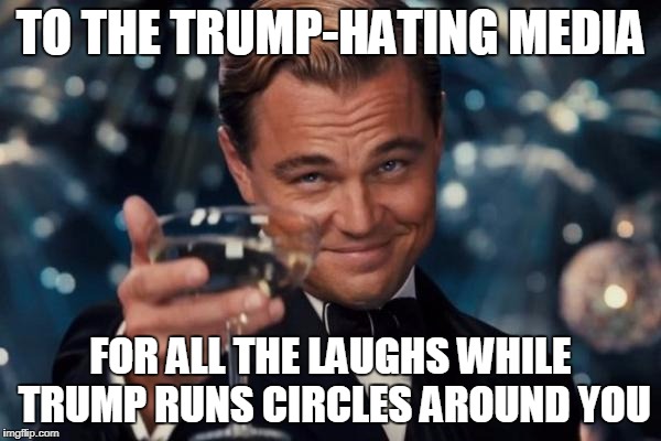 Watching Liberal Hamsters Scurry Is Fun! | TO THE TRUMP-HATING MEDIA; FOR ALL THE LAUGHS WHILE TRUMP RUNS CIRCLES AROUND YOU | image tagged in memes,leonardo dicaprio cheers | made w/ Imgflip meme maker