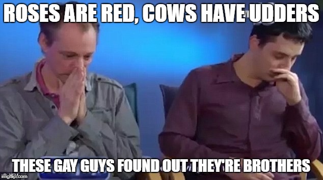 https://www.youtube.com/watch?v=oB0hfZtEbOY | ROSES ARE RED, COWS HAVE UDDERS; THESE GAY GUYS FOUND OUT THEY'RE BROTHERS | image tagged in gay brothers,jeremy kyle | made w/ Imgflip meme maker