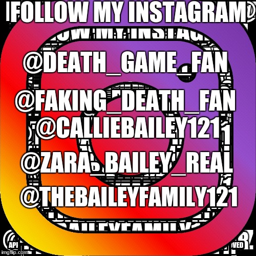 FOLLOW MY INSTAGRAM; @DEATH_GAME_FAN; @FAKING_DEATH_FAN; @CALLIEBAILEY121; @ZARA_BAILEY_REAL; @THEBAILEYFAMILY121 | image tagged in instagram | made w/ Imgflip meme maker