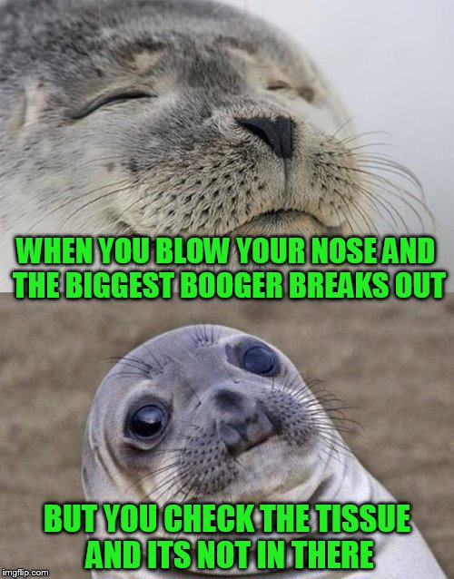 OH OH! Where is it?? | WHEN YOU BLOW YOUR NOSE AND THE BIGGEST BOOGER BREAKS OUT; BUT YOU CHECK THE TISSUE AND ITS NOT IN THERE | image tagged in memes,short satisfaction vs truth | made w/ Imgflip meme maker