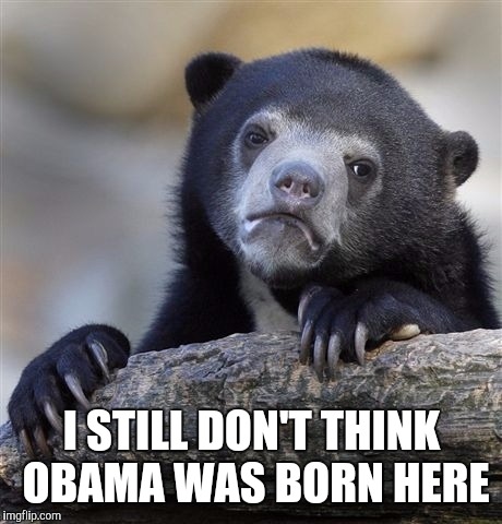 Confession Bear | I STILL DON'T THINK OBAMA WAS BORN HERE | image tagged in memes,confession bear | made w/ Imgflip meme maker