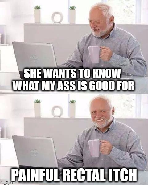 Hide the Pain Harold Meme | SHE WANTS TO KNOW WHAT MY ASS IS GOOD FOR; PAINFUL RECTAL ITCH | image tagged in memes,hide the pain harold,hemorrhoids,incontinence,poop,rectal itch | made w/ Imgflip meme maker