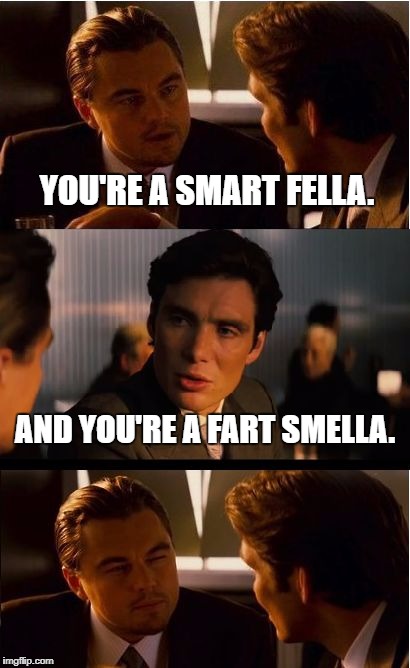 Inception | YOU'RE A SMART FELLA. AND YOU'RE A FART SMELLA. | image tagged in memes,inception | made w/ Imgflip meme maker