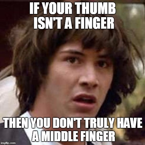 Conspiracy Keanu | IF YOUR THUMB ISN'T A FINGER; THEN YOU DON'T TRULY
HAVE A MIDDLE FINGER | image tagged in memes,conspiracy keanu | made w/ Imgflip meme maker