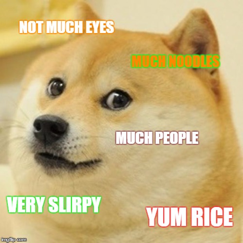 asian doge | NOT MUCH EYES; MUCH NOODLES; MUCH PEOPLE; VERY SLIRPY; YUM RICE | image tagged in memes,doge | made w/ Imgflip meme maker