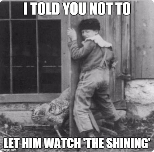 The Shining | I TOLD YOU NOT TO; LET HIM WATCH 'THE SHINING' | image tagged in chicken,boy | made w/ Imgflip meme maker