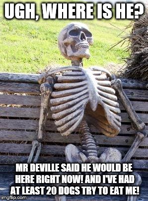 Waiting Skeleton Meme | UGH, WHERE IS HE? MR DEVILLE SAID HE WOULD BE HERE RIGHT NOW! AND I'VE HAD AT LEAST 20 DOGS TRY TO EAT ME! | image tagged in memes,waiting skeleton | made w/ Imgflip meme maker