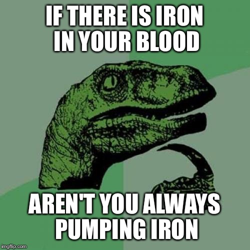 Philosoraptor | IF THERE IS IRON IN YOUR BLOOD; AREN'T YOU ALWAYS PUMPING IRON | image tagged in memes,philosoraptor | made w/ Imgflip meme maker