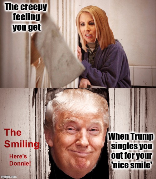 The Shining - Trump's Version | The creepy feeling you get; When Trump singles you out for your 'nice smile' | image tagged in donald trump,white house,ireland,resist,the shining,here's johnny | made w/ Imgflip meme maker