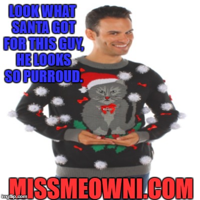 LOOK WHAT SANTA GOT FOR THIS GUY, HE LOOKS SO PURROUD. MISSMEOWNI.COM | image tagged in christmas,cats,cat meme | made w/ Imgflip meme maker