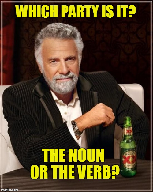 The Most Interesting Man In The World Meme | WHICH PARTY IS IT? THE NOUN OR THE VERB? | image tagged in memes,the most interesting man in the world | made w/ Imgflip meme maker