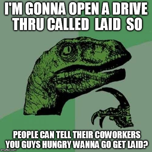 Philosoraptor | I'M GONNA OPEN A DRIVE THRU CALLED  LAID  SO; PEOPLE CAN TELL THEIR COWORKERS YOU GUYS HUNGRY WANNA GO GET LAID? | image tagged in memes,philosoraptor | made w/ Imgflip meme maker