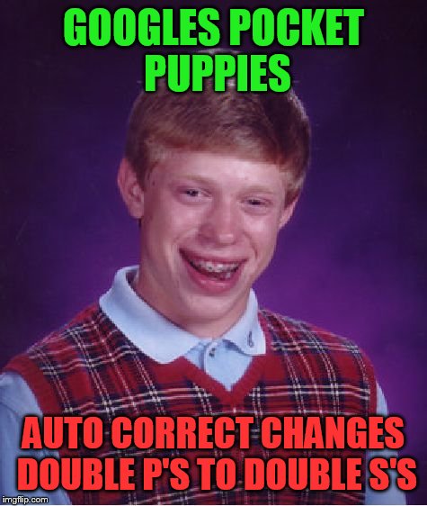 Bad Luck Brian Meme | GOOGLES POCKET PUPPIES; AUTO CORRECT CHANGES DOUBLE P'S TO DOUBLE S'S | image tagged in memes,bad luck brian | made w/ Imgflip meme maker