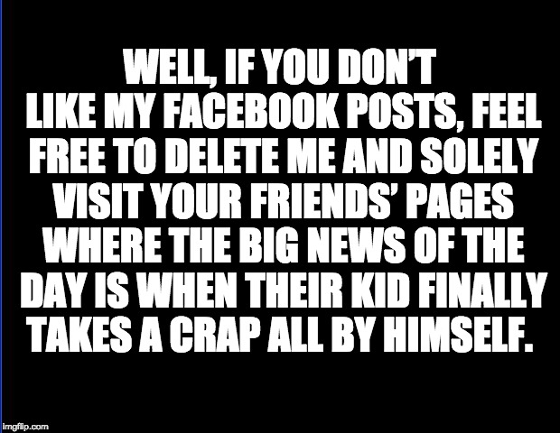blank | WELL, IF YOU DON’T LIKE MY FACEBOOK POSTS, FEEL FREE TO DELETE ME AND SOLELY VISIT YOUR FRIENDS’ PAGES WHERE THE BIG NEWS OF THE DAY IS WHEN THEIR KID FINALLY TAKES A CRAP ALL BY HIMSELF. | image tagged in blank | made w/ Imgflip meme maker