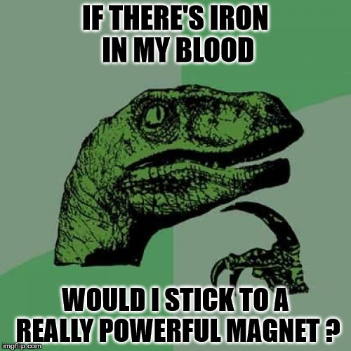 Question | IF THERE'S IRON IN MY BLOOD; WOULD I STICK TO A REALLY POWERFUL MAGNET ? | image tagged in memes,philosoraptor,science,question,magnet,blood | made w/ Imgflip meme maker