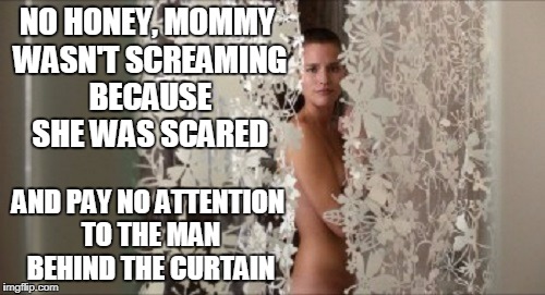 NO HONEY, MOMMY WASN'T SCREAMING BECAUSE SHE WAS SCARED AND PAY NO ATTENTION TO THE MAN BEHIND THE CURTAIN | made w/ Imgflip meme maker