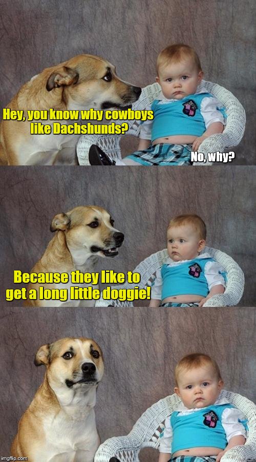 Dad Joke Dog Meme | Hey, you know why cowboys like Dachshunds? No, why? Because they like to get a long little doggie! | image tagged in memes,dad joke dog,bad pun | made w/ Imgflip meme maker