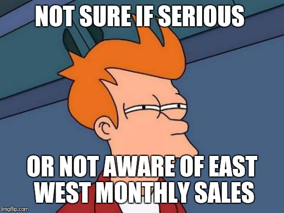 Futurama Fry Meme | NOT SURE IF SERIOUS; OR NOT AWARE OF EAST WEST MONTHLY SALES | image tagged in memes,futurama fry | made w/ Imgflip meme maker