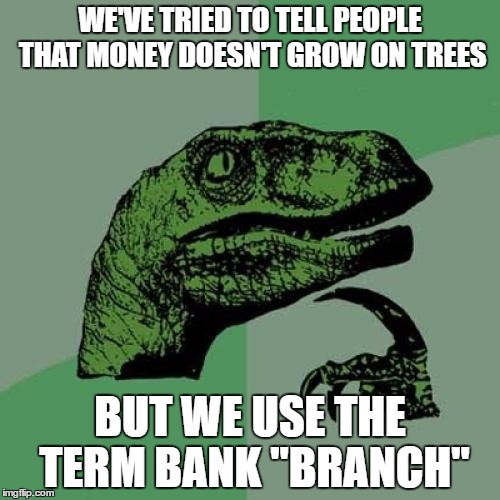 Not American - money isn't made of paper | WE'VE TRIED TO TELL PEOPLE THAT MONEY DOESN'T GROW ON TREES; BUT WE USE THE TERM BANK "BRANCH" | image tagged in memes,philosoraptor,america,dank memes,bad puns,funny | made w/ Imgflip meme maker