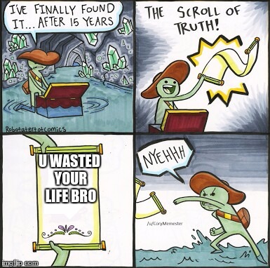 The Scroll Of Truth | U WASTED YOUR LIFE BRO | image tagged in the scroll of truth | made w/ Imgflip meme maker