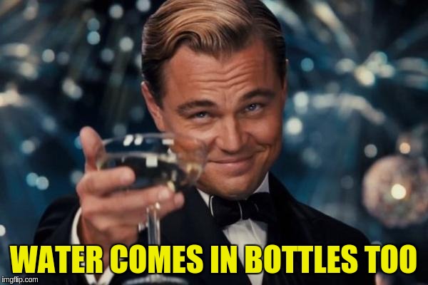 Leonardo Dicaprio Cheers Meme | WATER COMES IN BOTTLES TOO | image tagged in memes,leonardo dicaprio cheers | made w/ Imgflip meme maker