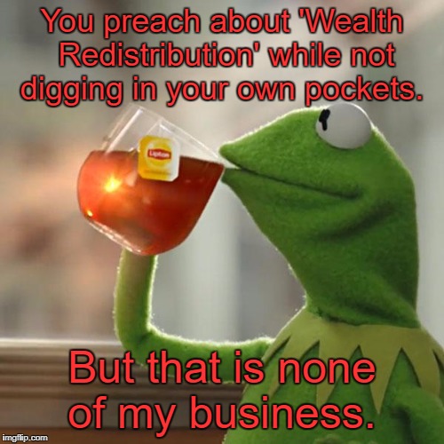But That's None Of My Business | You preach about 'Wealth Redistribution' while not digging in your own pockets. But that is none of my business. | image tagged in memes,but thats none of my business,kermit the frog,democratic socialism | made w/ Imgflip meme maker