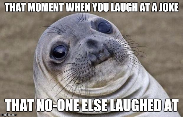 Awkward Moment Sealion | THAT MOMENT WHEN YOU LAUGH AT A JOKE; THAT NO-ONE ELSE LAUGHED AT | image tagged in memes,awkward moment sealion | made w/ Imgflip meme maker