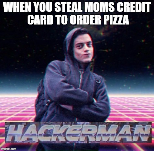 HackerMan | WHEN YOU STEAL MOMS CREDIT CARD TO ORDER PIZZA | image tagged in hackerman | made w/ Imgflip meme maker