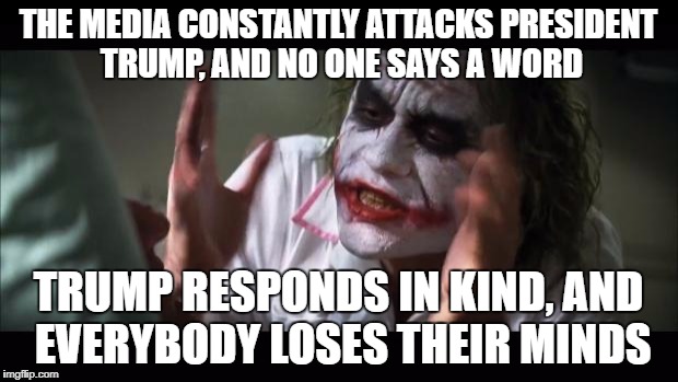 And everybody loses their minds | THE MEDIA CONSTANTLY ATTACKS PRESIDENT TRUMP, AND NO ONE SAYS A WORD; TRUMP RESPONDS IN KIND, AND EVERYBODY LOSES THEIR MINDS | image tagged in memes,and everybody loses their minds | made w/ Imgflip meme maker