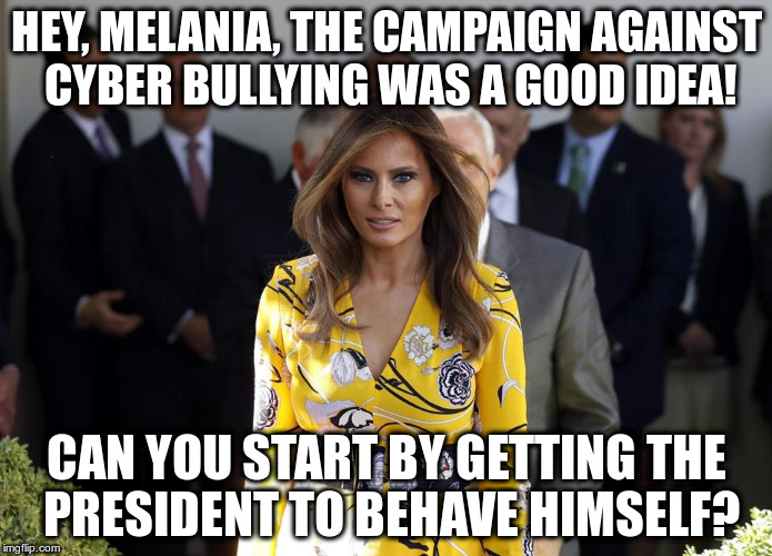 Bullies are usually insecure themselves | HEY, MELANIA, THE CAMPAIGN AGAINST CYBER BULLYING WAS A GOOD IDEA! CAN YOU START BY GETTING THE PRESIDENT TO BEHAVE HIMSELF? | image tagged in trump,humor,cyberbullying,melania trump,mika brzezinski,memes | made w/ Imgflip meme maker