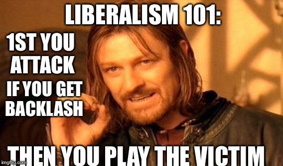 One Does Not Simply Meme | LIBERALISM 101:; 1ST YOU ATTACK; IF YOU GET BACKLASH; THEN YOU PLAY THE VICTIM | image tagged in memes,one does not simply | made w/ Imgflip meme maker