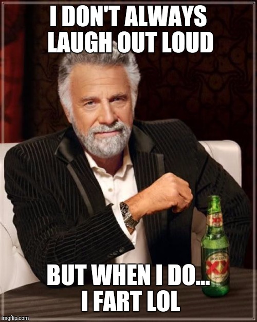 The Most Interesting Man In The World Meme | I DON'T ALWAYS LAUGH OUT LOUD; BUT WHEN I DO... I FART LOL | image tagged in memes,the most interesting man in the world | made w/ Imgflip meme maker