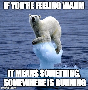 Unspirational polar bear quote | IF YOU'RE FEELING WARM; IT MEANS SOMETHING, SOMEWHERE IS BURNING | image tagged in unspirational,polar bear,unspirational quotes | made w/ Imgflip meme maker