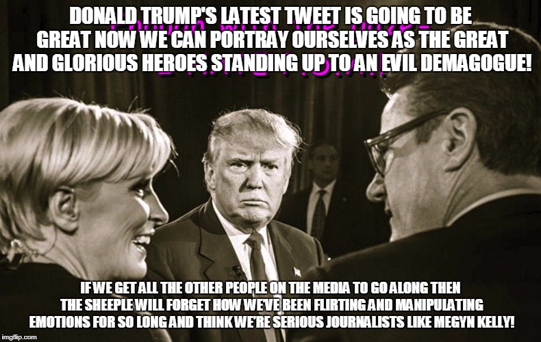 DONALD TRUMP'S LATEST TWEET IS GOING TO BE GREAT NOW WE CAN PORTRAY OURSELVES AS THE GREAT AND GLORIOUS HEROES STANDING UP TO AN EVIL DEMAGOGUE! IF WE GET ALL THE OTHER PEOPLE ON THE MEDIA TO GO ALONG THEN THE SHEEPLE WILL FORGET HOW WE’VE BEEN FLIRTING AND MANIPULATING EMOTIONS FOR SO LONG AND THINK WE’RE SERIOUS JOURNALISTS LIKE MEGYN KELLY! | image tagged in mika and joe | made w/ Imgflip meme maker