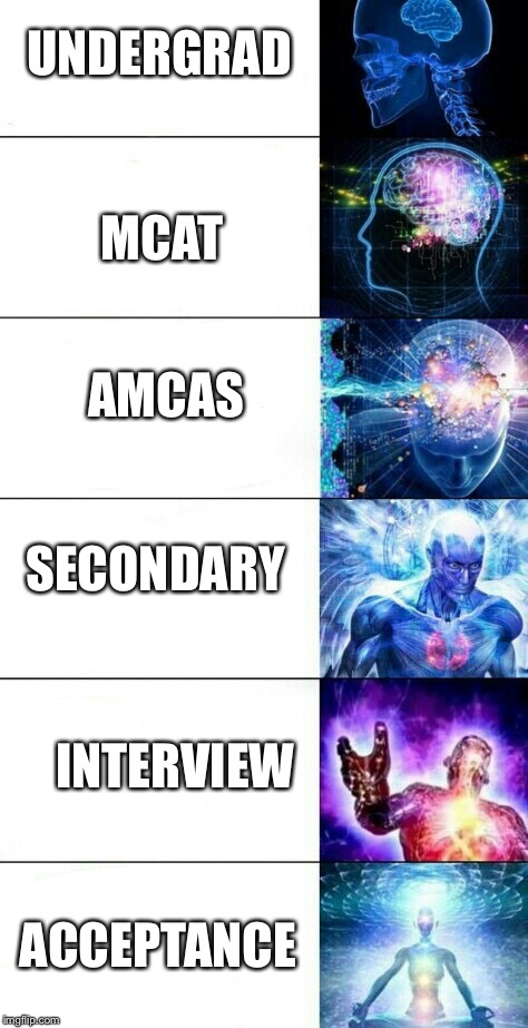 Human Transcendence | MCAT; UNDERGRAD; AMCAS; SECONDARY; INTERVIEW; ACCEPTANCE | image tagged in human transcendence | made w/ Imgflip meme maker