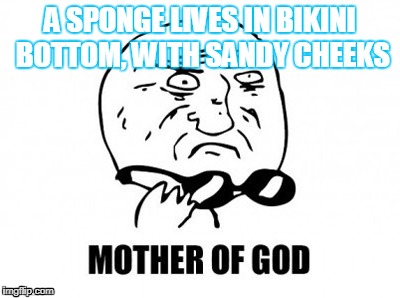 Mother Of God Meme | A SPONGE LIVES IN BIKINI BOTTOM, WITH SANDY CHEEKS | image tagged in memes,mother of god | made w/ Imgflip meme maker