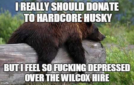 I REALLY SHOULD DONATE TO HARDCORE HUSKY; BUT I FEEL SO FUCKING DEPRESSED OVER THE WILCOX HIRE | made w/ Imgflip meme maker