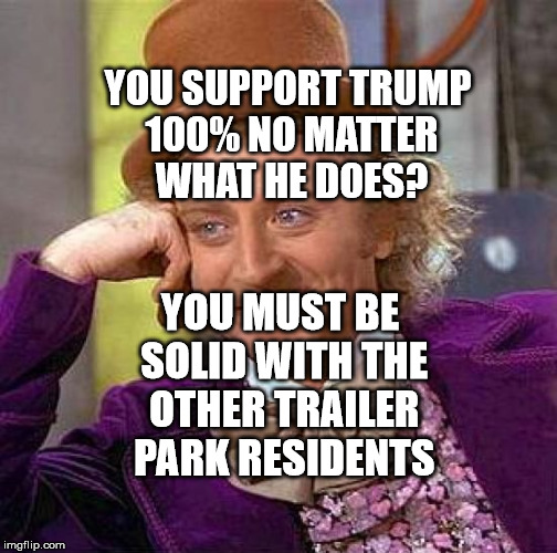 Creepy Condescending Wonka | YOU SUPPORT TRUMP 100% NO MATTER WHAT HE DOES? YOU MUST BE SOLID WITH THE OTHER TRAILER PARK RESIDENTS | image tagged in memes,creepy condescending wonka | made w/ Imgflip meme maker