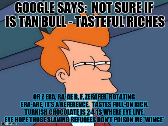 Futurama Fry Meme | GOOGLE SAYS:  NOT SURE IF IS TAN BULL - TASTEFUL RICHES OR Z ERA, RA, AE R, F, ZERAFER, ROTATING ERA-ARE, IT'S A REFERENCE.  TASTES FULL-ON  | image tagged in memes,futurama fry | made w/ Imgflip meme maker