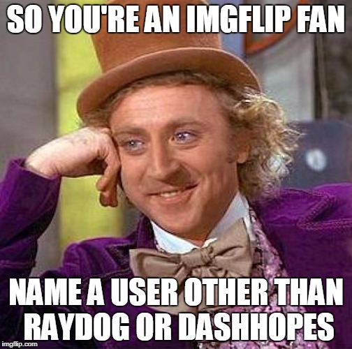 No seriously | SO YOU'RE AN IMGFLIP FAN; NAME A USER OTHER THAN RAYDOG OR DASHHOPES | image tagged in memes,creepy condescending wonka,imgflip,imgflip users,raydog,dashhopes | made w/ Imgflip meme maker
